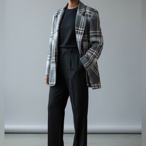 Vintage Snazzie 80s Wool Blend Plaid Oversized Blazer Grey and Pink Size 11/12